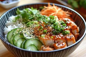 Grilled shrimp bowl with rice and fresh cucumber on a dark background photo