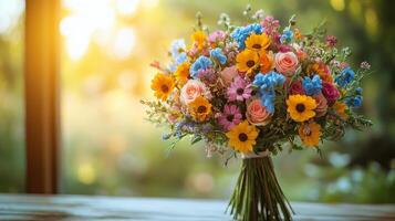 Beautifully arranged bouquet of pink and orange roses with blue flowers resting on a wooden table photo