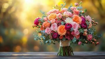 Beautifully arranged bouquet of pink and orange roses with blue flowers resting on a wooden table photo