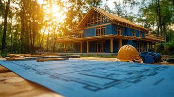 Detailed architectural blueprints with drafting tools on a wooden table photo