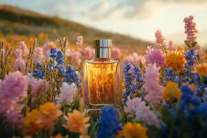 Fragrant glass bottle amidst colorful wildflowers during sunset in a serene meadow photo
