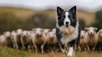 Herding sheep in the mountains with a border collie under cloudy skies photo