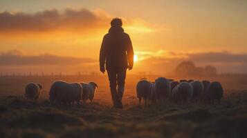 Shepherd guiding sheep at sunset in a tranquil countryside setting photo