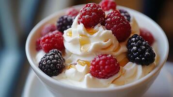 Delicious bowl of yogurt topped with fresh raspberries and blackberries in a cozy cafe photo