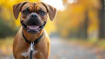 Happy dog enjoying a walk on a sunny day with owner in a urban setting photo