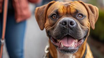 Happy dog enjoying a walk on a sunny day with owner in a urban setting photo