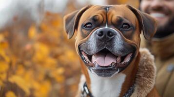 Happy dog enjoying a walk on a sunny day with owner in a urban setting photo