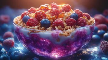 Delicious bowl of yogurt topped with fresh raspberries and blackberries in a cozy cafe photo