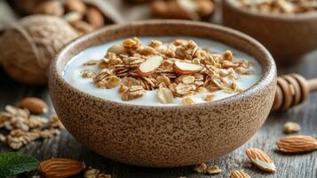 Nutritious oatmeal topped with almonds in a rustic bowl on a wooden table photo