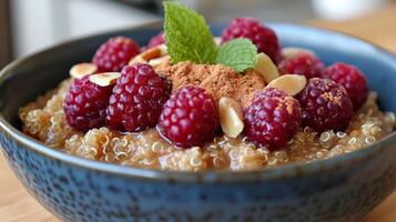 Quinoa bowl topped with berries and almonds served on a kitchen counter photo