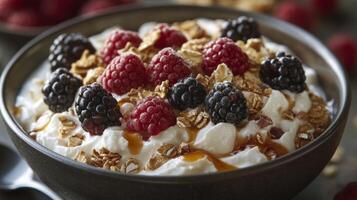Delicious bowl of yogurt topped with fresh raspberries and blackberries in a cozy cafe photo