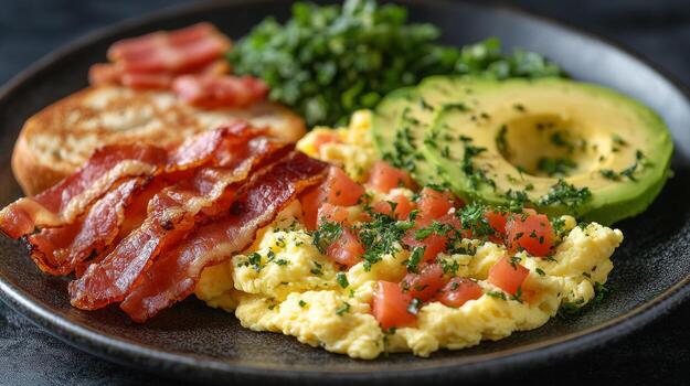 Breakfast with scrambled eggs, bacon, avocado, and greens on a black plate photo
