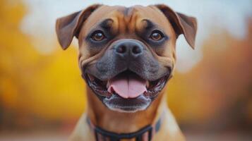 Happy dog enjoying a walk on a sunny day with owner in a urban setting photo