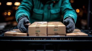 Delivery packages arranged in a truck with warm lights on a chilly evening in a city photo