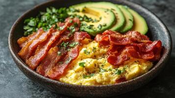 Breakfast with scrambled eggs, bacon, avocado, and greens on a black plate photo