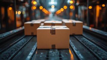 Delivery packages arranged in a truck with warm lights on a chilly evening in a city photo