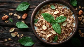 Nutritious oatmeal topped with almonds in a rustic bowl on a wooden table photo