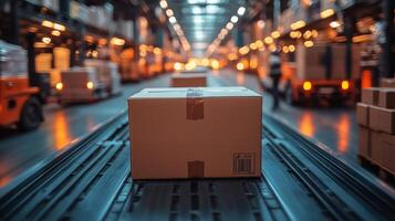 Delivery packages arranged in a truck with warm lights on a chilly evening in a city photo