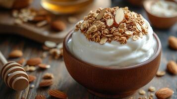Nutritious oatmeal topped with almonds in a rustic bowl on a wooden table photo