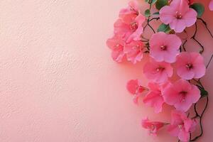 Bougainvillea flowers against a soft pink background create a vibrant and cheerful decor photo