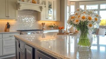Bright kitchen with daisies in a vase and afternoon sunlight streaming through the window photo