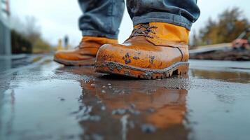 Workers boots in muddy reflection on construction site during drizzly weather photo