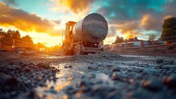 Skilled worker mixing materials at construction site during daylight photo