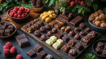 Assortment of artisanal chocolates arranged on a wooden surface with decorative toppings photo