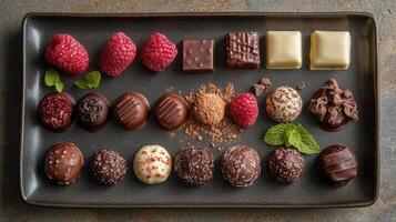 Assortment of artisanal chocolates arranged on a wooden surface with decorative toppings photo