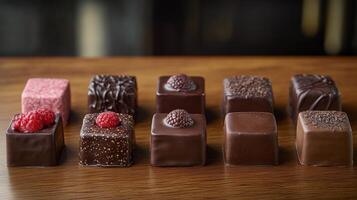 Assortment of artisanal chocolates arranged on a wooden surface with decorative toppings photo