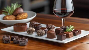 Assortment of artisanal chocolates arranged on a wooden surface with decorative toppings photo