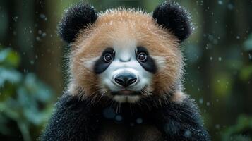 Adorable giant panda surrounded by golden autumn leaves in a serene forest setting photo