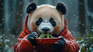 Adorable giant panda surrounded by golden autumn leaves in a serene forest setting photo