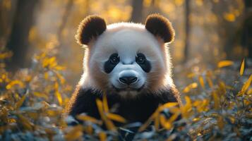 Adorable giant panda surrounded by golden autumn leaves in a serene forest setting photo