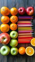 Arrangement of colorful fruits and crayons on a wooden surface for creative expression photo