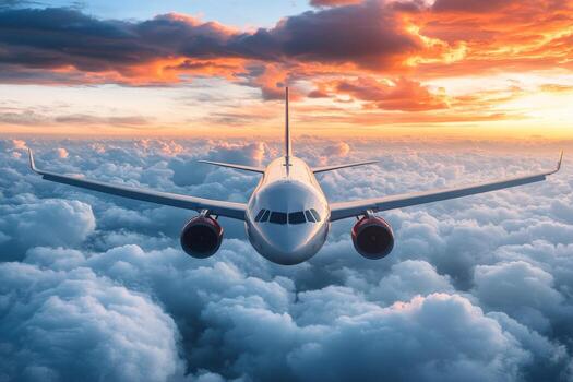avión volador encima nubes durante puesta de sol con vibrante colores en el cielo foto