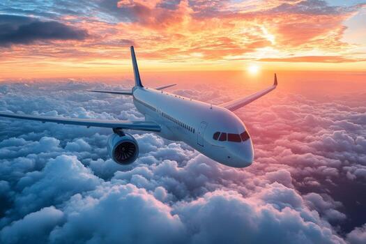 avión volador encima nubes durante puesta de sol con vibrante colores en el cielo foto