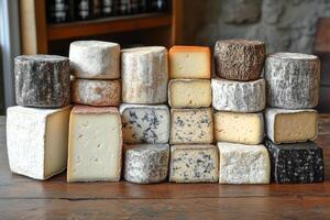 Assorted cheeses displayed on wooden table in a rustic setting photo