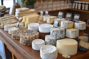 Assorted cheeses displayed on wooden table in a rustic setting photo