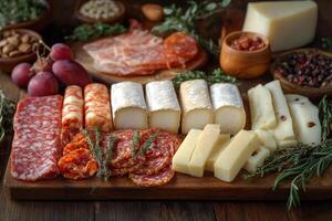 Assorted cheeses displayed on wooden table in a rustic setting photo