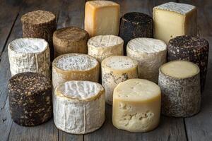 Assorted cheeses displayed on wooden table in a rustic setting photo
