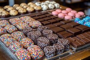 Assortment of delicious chocolate treats displayed on a wooden surface during a dessert gathering photo