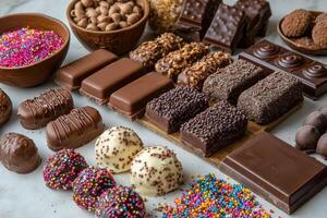 Assortment of delicious chocolate treats displayed on a wooden surface during a dessert gathering photo