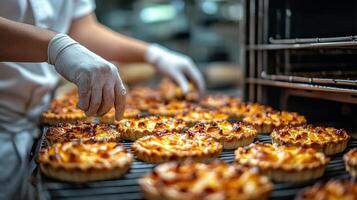 Baker prepares fresh tart pastries in a bustling kitchen during morning hours photo