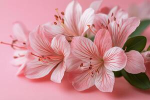 Beautiful arrangement of pink and white flowers on a soft pink background in creative display photo