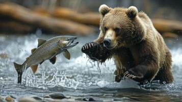 Bear catching fish in river during daytime in natural habitat near forest photo