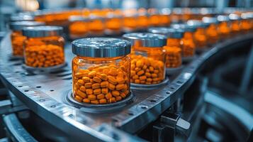 Automated filling process for amber vials with capsules in a pharmaceutical facility photo