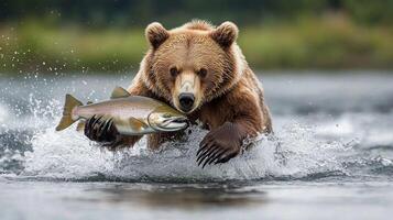 Bear catching fish in river during daytime in natural habitat near forest photo