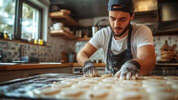 Baker preparing dough in a modern kitchen, focused on making pastries photo