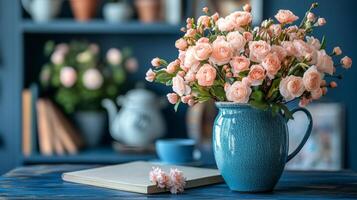 Beautiful arrangement of soft pink flowers in a blue vase in a cozy indoor setting photo